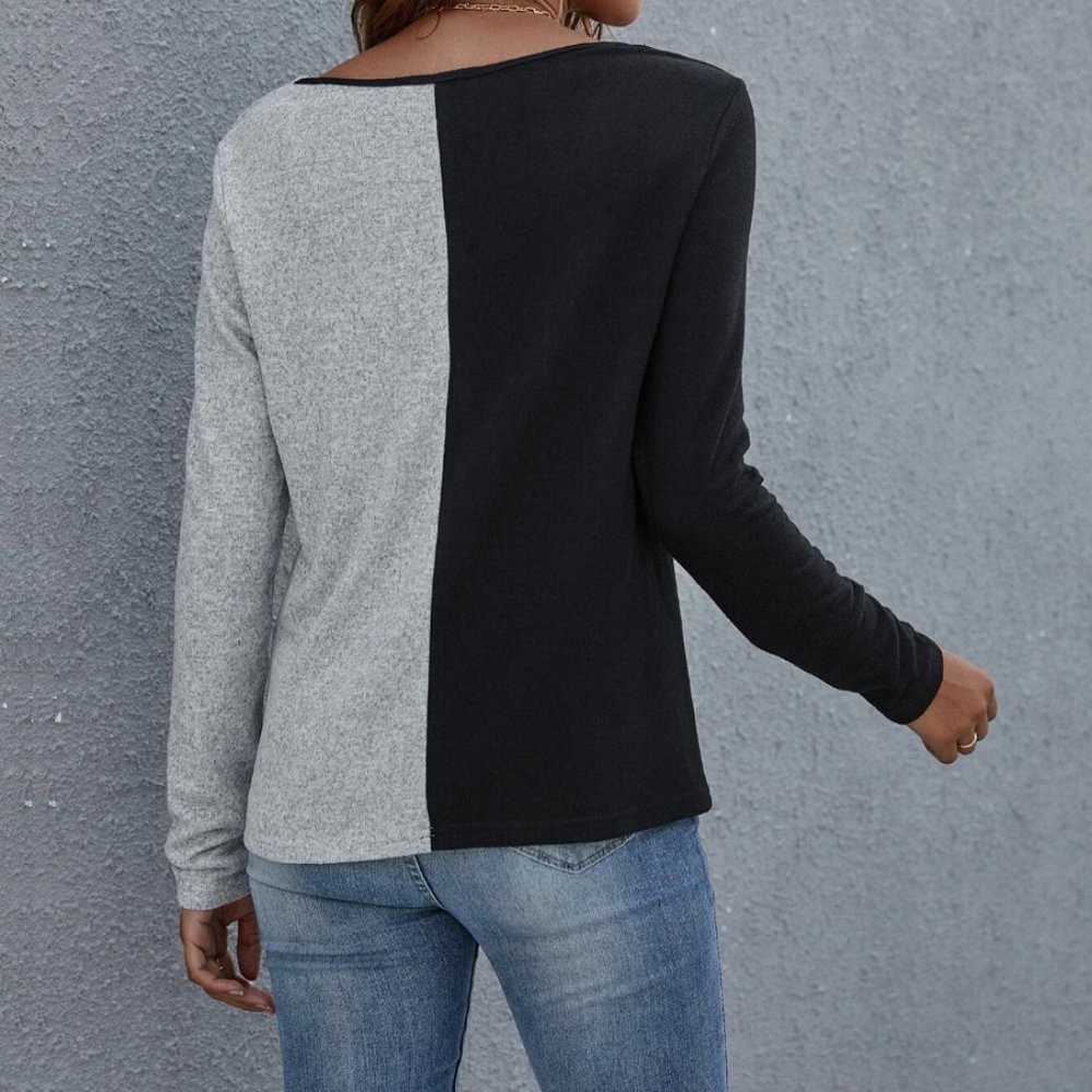 Two Tone V Neck Tee BLK - Picture 3 of 6